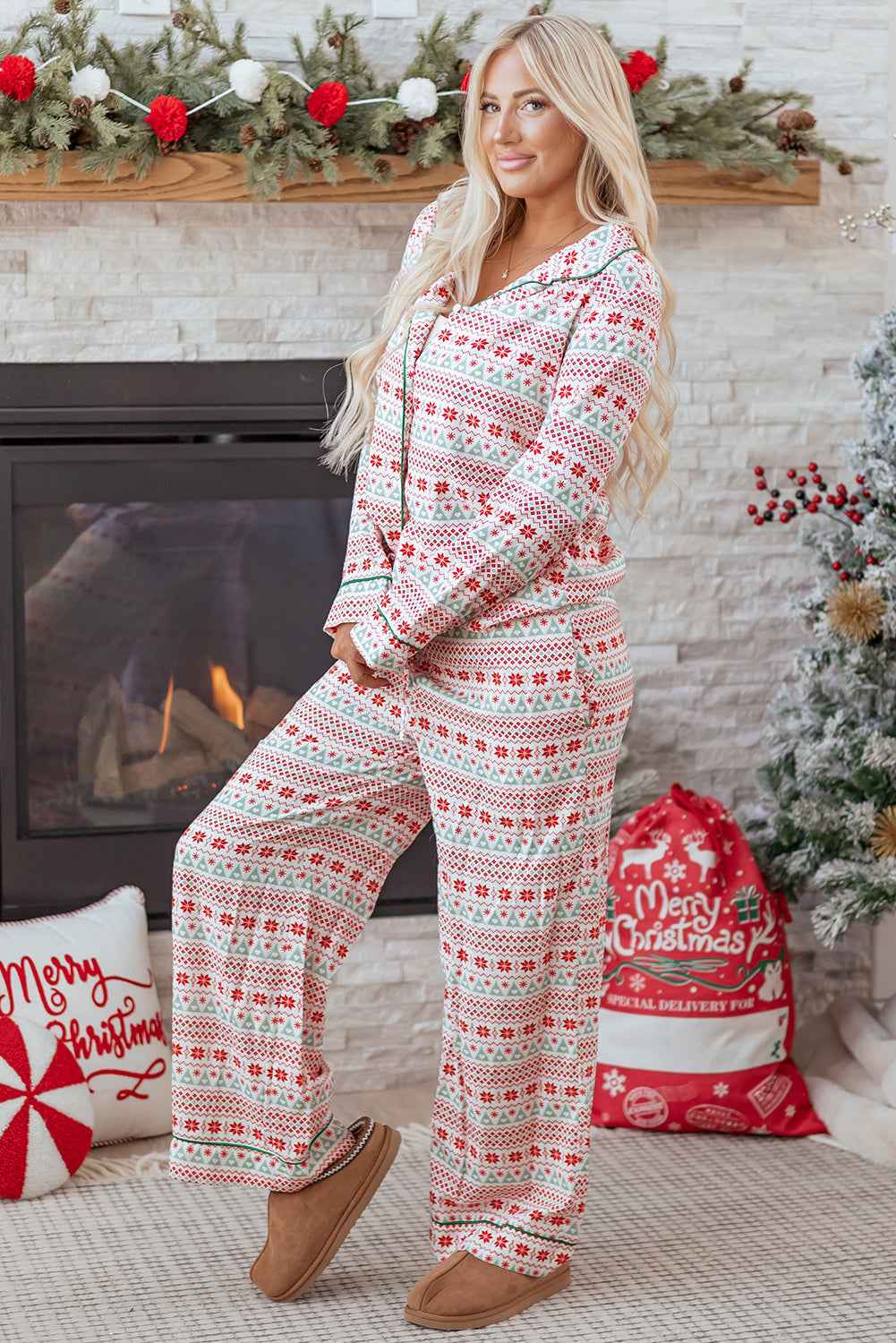 White Christmas Pattern Print Shirt Style Long 2pcs Pajama Set