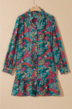 Green Floral Friled V Neck Puff Sleeve Ruffled Shirt Dress
