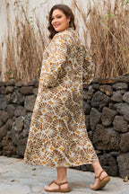 Khaki Abstract Plant Print Loose Plus Size Long Dress