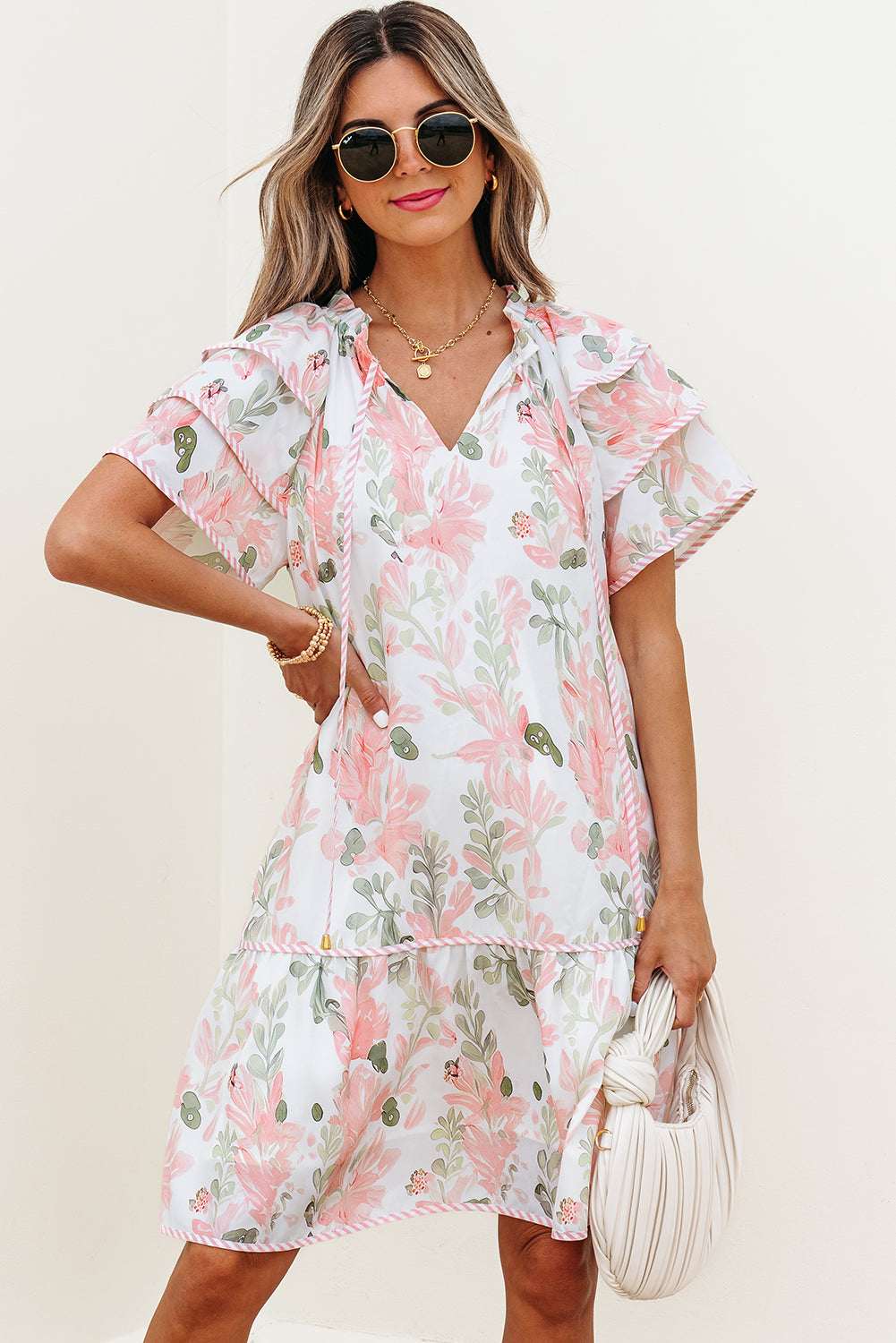 Sky Blue Floral Contrast Edge Layered Short Sleeve Mini Dress