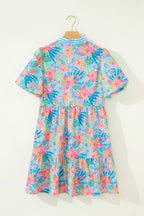 Multicolour Floral Print Contrast Scallop Striped Trim V Neck Dress