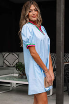 Myosotis Contrast Striped Notched V Neck Puff Sleeve Mini Dress