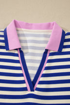 Dark Blue Striped Shift Dress Colorblock V Neck Short Sleeve Casual Summer