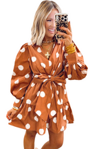 Brown Polka Dot Long Sleeve Tie Waist Casual Shift Mini Dress