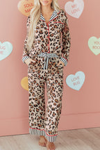 Dearlove Khaki Leopard Print Colorblock Striped Edge Shirt and Pants Pajama Set