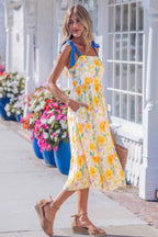 Yellow Floral Print Contrast Stitched Knot Denim Straps High Waist Dress