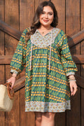 Green Plus Size Mixed Floral Print Striped Trim Loose Mini Dress