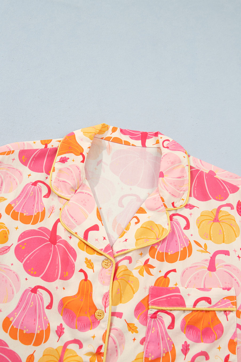 Pink Short Sleeve Pumpkin Print Pocket Placket Shell Button Lounge Set - MuseLover