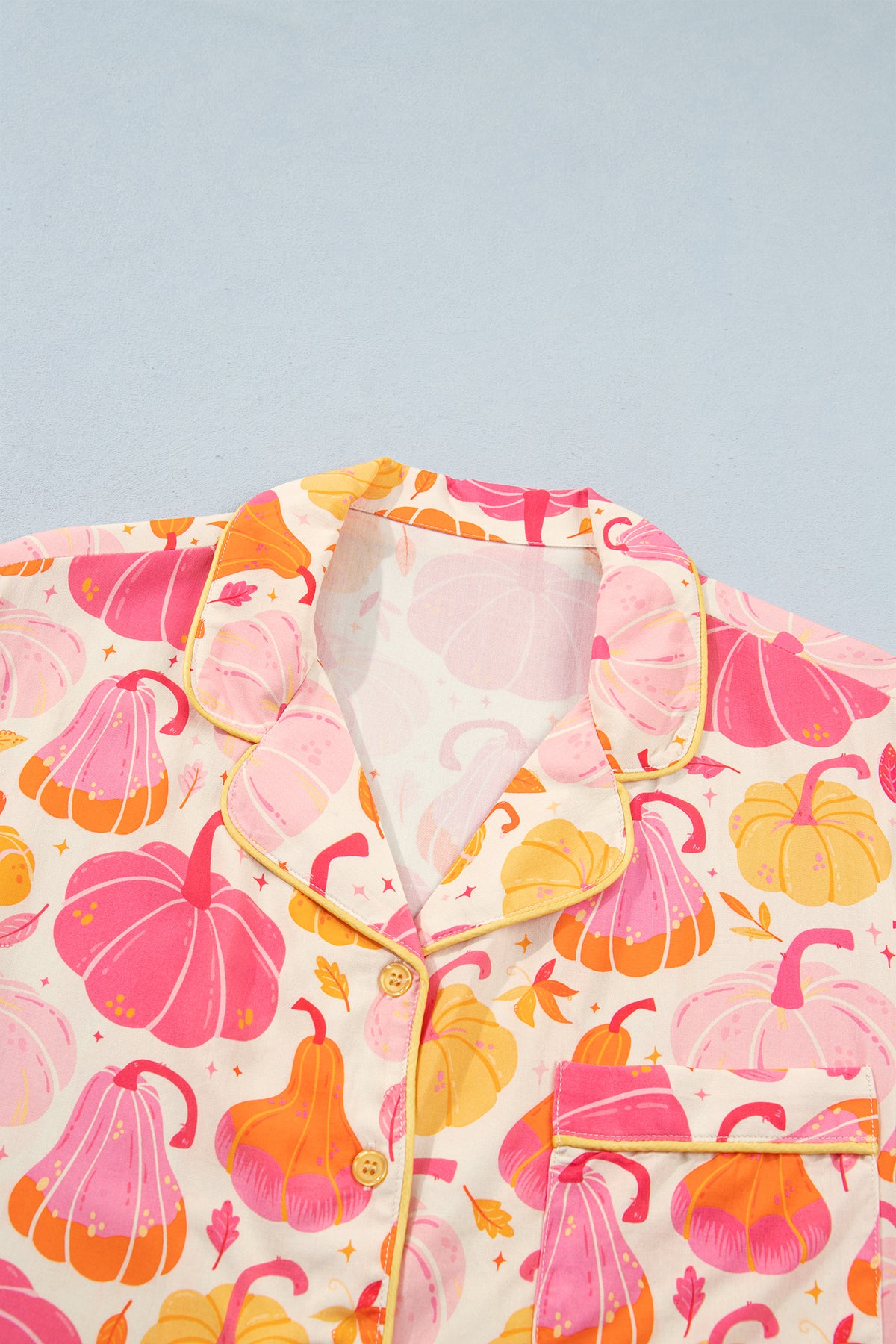 Pink Short Sleeve Pumpkin Print Pocket Placket Shell Button Lounge Set - MuseLover