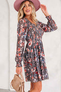 Brown Frilly Smocked Bodice Floral Mesh Long Sleeve Mini Dress