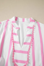 Pink Stripe Plus Size V Neck Short Puff Sleeve Tiered Maxi Dress