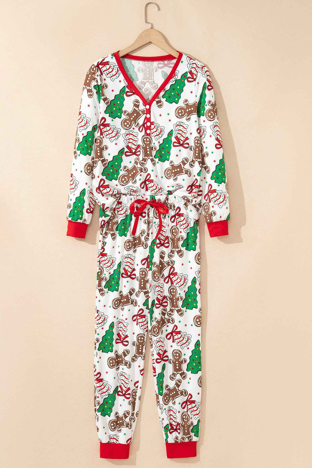 White Christmas Pattern Button V Neck Pullover Drawstring Pants 2pcs Lounge Set