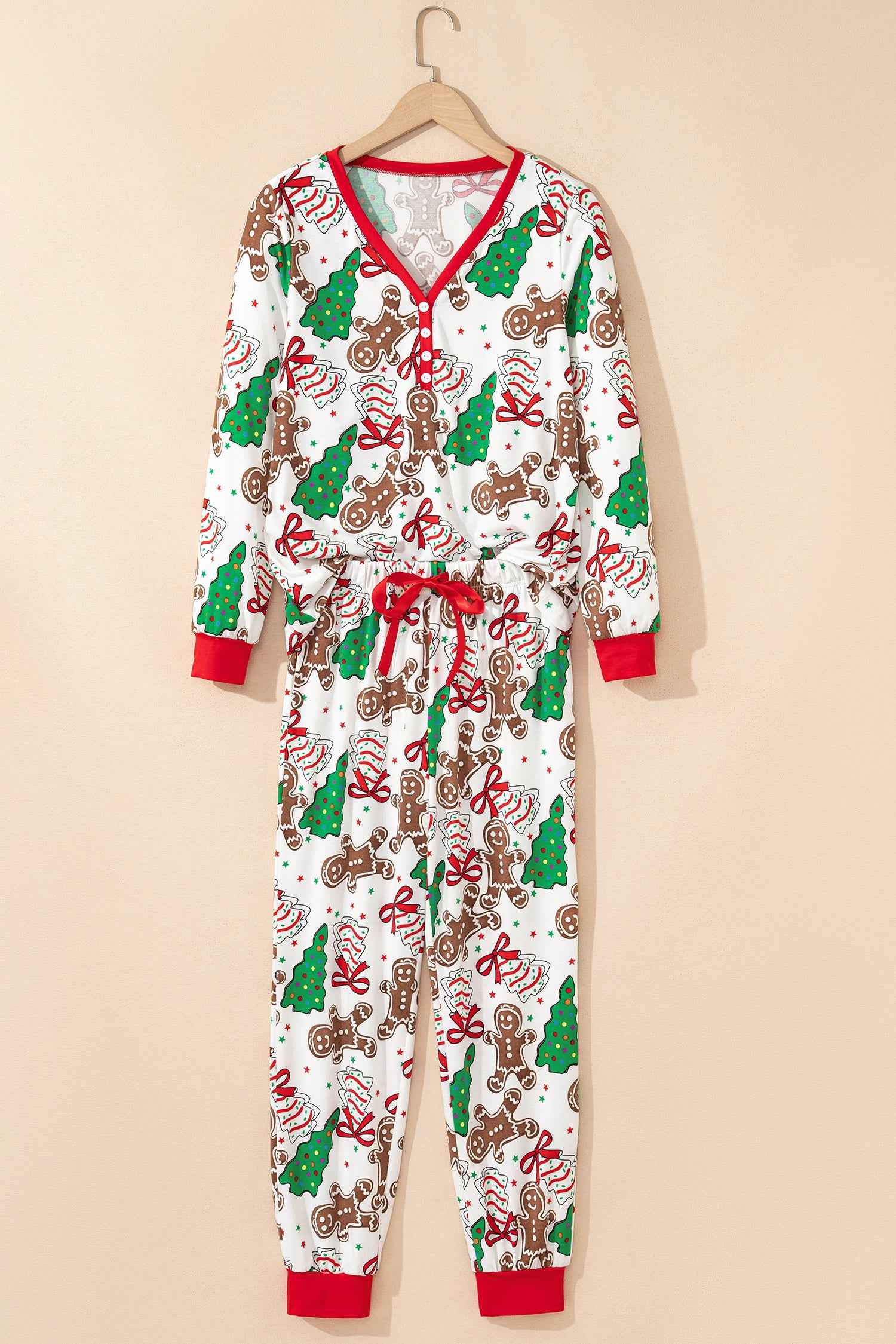 White Christmas Pattern Button V Neck Pullover Drawstring Pants 2pcs Lounge Set