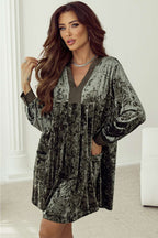 Jungle Green Velvet Long Sleeve V Neck Loose Dress with Pockets