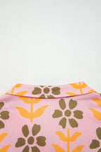 Pink Floral Print Zip Neck Striped Patchwork Long Sleeve Drawstring Dress