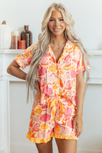 Pink Short Sleeve Pumpkin Print Pocket Placket Shell Button Lounge Set - MuseLover
