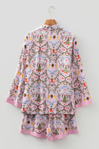 Pink Christmas Holiday Print Nutcracker Long Sleeve Shorts 2pcs Pajama Set