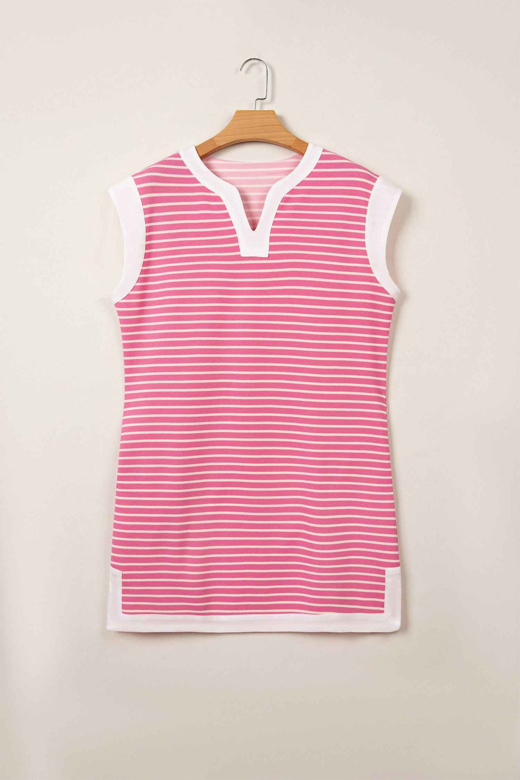 Pink Stripe Color Block Trim Notched Neck Sleeveless Shift Mini Dress