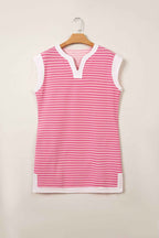 Pink Stripe Color Block Trim Notched Neck Sleeveless Shift Mini Dress