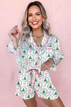 Green Christmas Fashion Print Velvet Trim Bow Knot Pajama 2pcs Short Set
