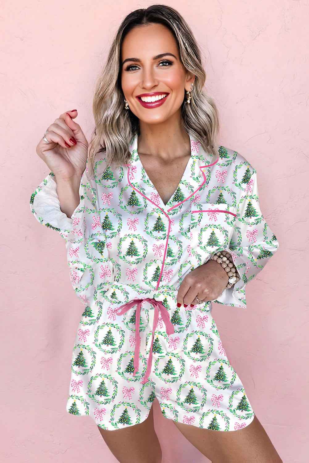 Green Christmas Fashion Print Velvet Trim Bow Knot Pajama 2pcs Short Set