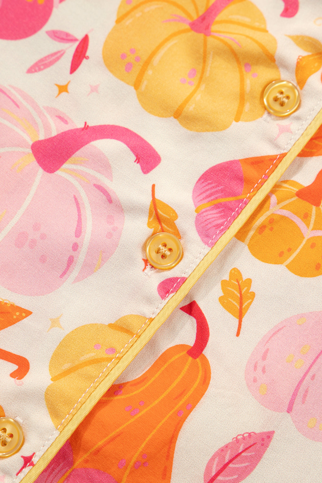 Pink Short Sleeve Pumpkin Print Pocket Placket Shell Button Lounge Set - MuseLover