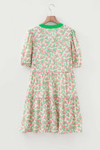 Green Contrast Neckline Ricrac Trim Floral Short Puff Sleeve Dress