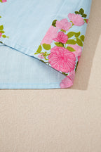 Sky Blue Floral Printed Contrast Ricrac Detail Bubble Sleeve Dress