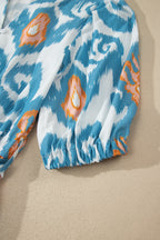 Sky Blue Boho Floral Print Short Puff Sleeve Button Down Ruffle Hem Midi Dress