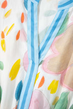 Multicolour Floral Doodle Print Striped Trim V Neck Midi Dress