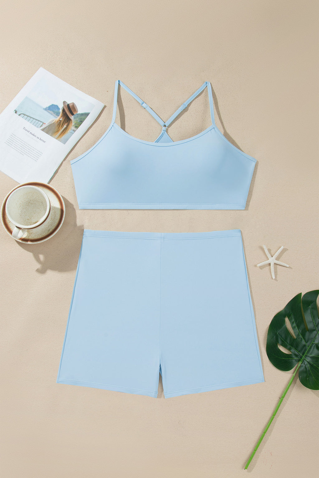 Sky Blue Gingham Plaid Double Layered Cami Mini Dress 3pcs Set