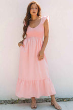 Black V Neck Flutter Sleeve Smocked Bodice High Waist Ruffle Maxi Dress