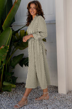 Black Stripe V Neck Zip Front Cinched High Waist Midi Dress