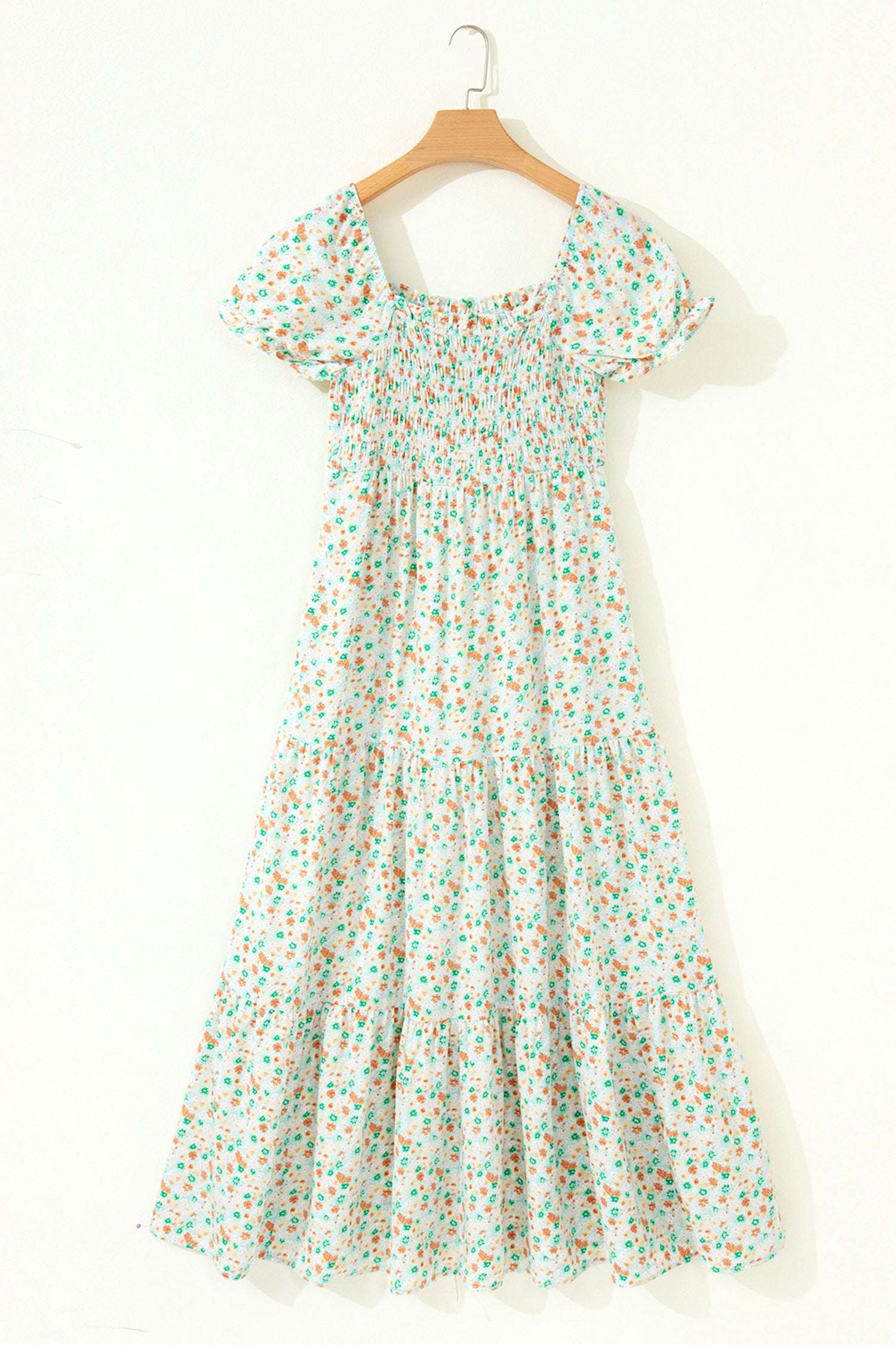 Purple Floral Short Bubble Sleeve Shirred High Waist Maxi Dress