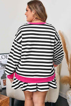 Black Stripe Color Block Edge Pullover and Shorts PLus Size Set