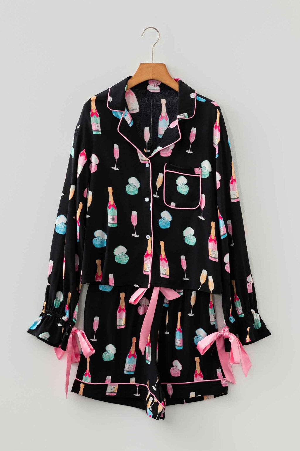 Color black Christmas Wine Glass Print Bow Knot Two Piece Pajama Set