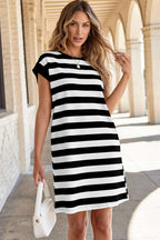 Black Stripe Cap Sleeve Shift T Shirt Dress