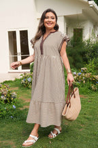 Brown Stripe Plus Size Slit V Neck Tiered Flutter Sleeve Maxi Dress