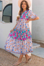 Sky Blue Mixed Floral Print Tie Split Neck Short Sleeve Dress
