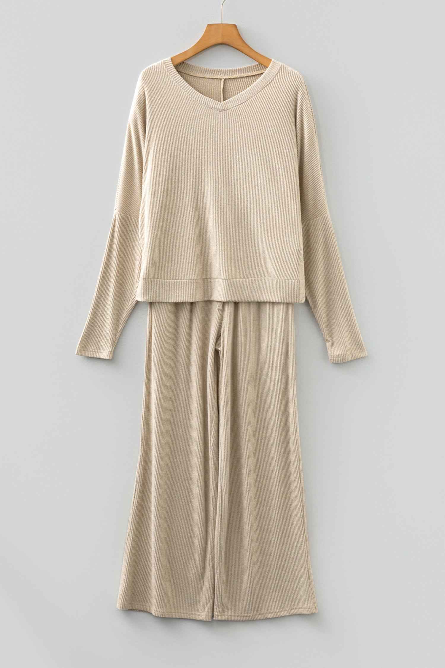 Jet Stream 3D Ribbed V Neck Pullover Drawstring Pants 2 Piece Lounge Set