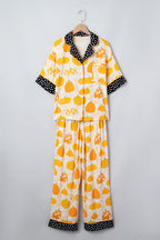 Orange Short Sleeve Pumpkin Print Polka Dot Trim Pocket Pocket Placket Home Wear Lounge Set - MuseLover