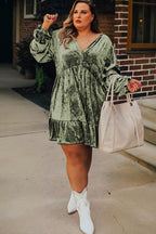 Coffee Plus Size Velvet Babydoll Mini Dress with Puff Sleeve