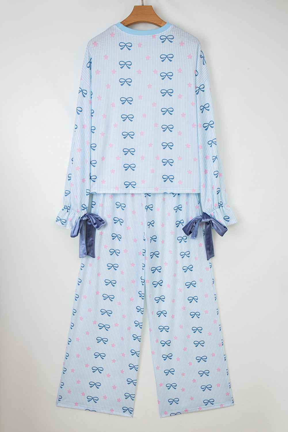 Sky Blue Stripe Bow Star Print Tied Detail 2pcs Lounge Set