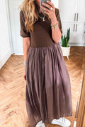 Coffee Short Sleeve Knit Top Patchwork Pleated Long Dress