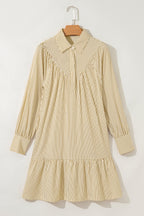 Brown Stripe Collared Neck Cuffed Long Sleeve Drop Waist Mini Dress