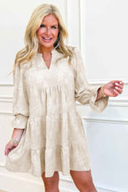 Parchment Long Sleeve Notched Neck Jacquard Tiered Mini Dress