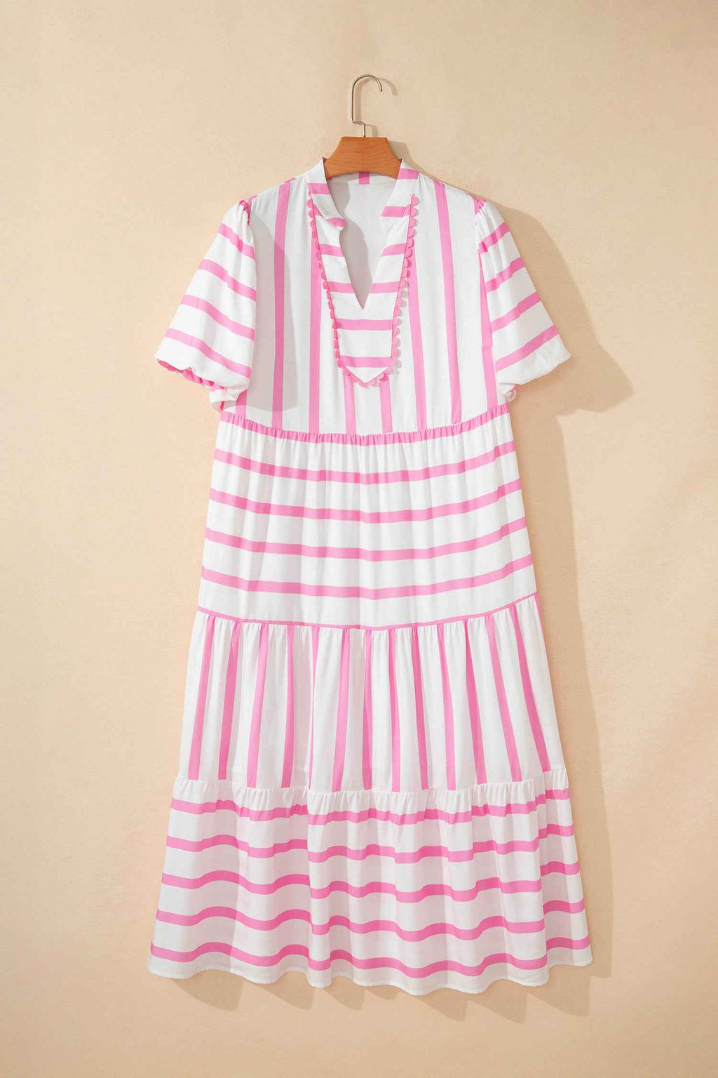 Pink Stripe Plus Size V Neck Short Puff Sleeve Tiered Maxi Dress