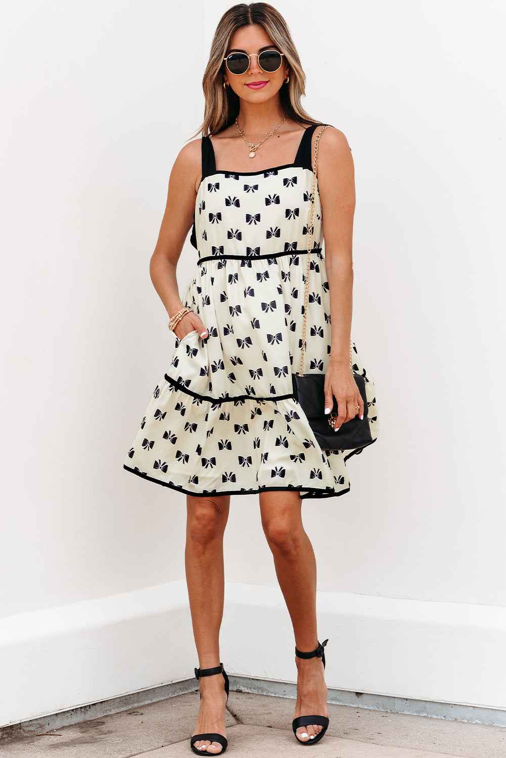 White Bow Knot Color Contrast Trim Knotted Shoulder Mini Dress