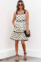 White Bow Knot Color Contrast Trim Knotted Shoulder Mini Dress