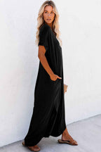 Black V Neck Hidden Pocket Splits Maxi T-shirt Dress
